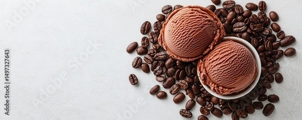 Obraz Two scoops of coffee-flavored ice cream in a bowl, surrounded by roasted coffee beans on a light surface.