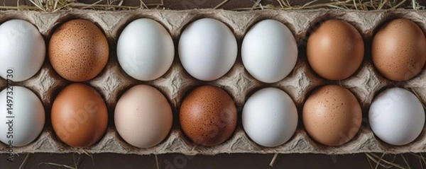 Obraz A top view of a carton holding a mix of brown and white eggs arranged in two neat rows on a rustic background.