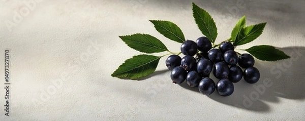 Obraz A cluster of black berries with green leaves rests on a light textured surface, casting a soft shadow.