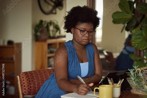 Fototapeta Young African woman writing notes while working from home on a tablet