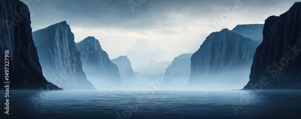 Fototapeta A serene misty fjord with towering cliffs and calm blue water under a cloudy sky.