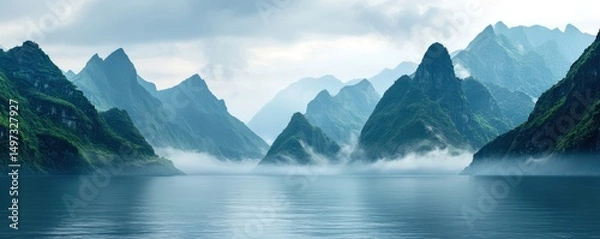 Obraz Misty mountains rise above a calm lake, shrouded in fog and lush greenery under a cloudy sky.