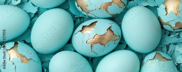 Obraz Blue eggs with gold cracks and scattered shell fragments create a striking decorative pattern.