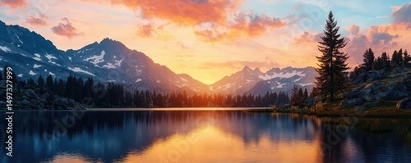 Obraz Tranquil mountain lake at sunset, with colorful sky, pine trees, and snow-capped peaks reflected in the calm water.