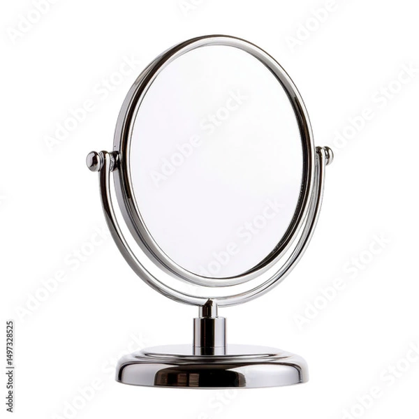 Fototapeta Elegant round mirror on a silver stand isolated against a transparent background..