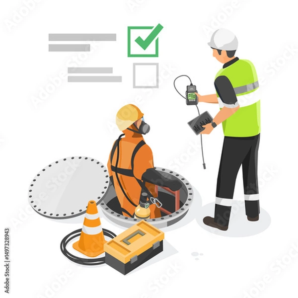 Fototapeta Permit to work process for confined space entry with safety officer inspecting gas levels and approving access for worker