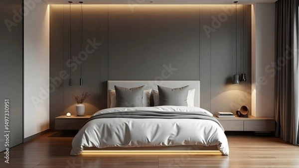 Fototapeta Tastefully Decorated Bedroom with Soft Textiles