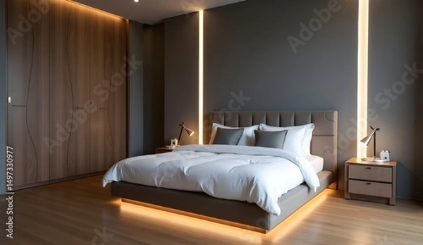 Fototapeta Tastefully Decorated Bedroom with Soft Textiles