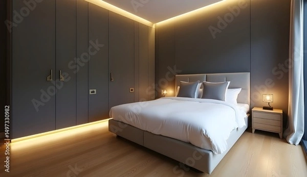 Fototapeta Tastefully Decorated Bedroom with Soft Textiles