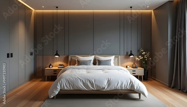 Fototapeta Tastefully Decorated Bedroom with Soft Textiles