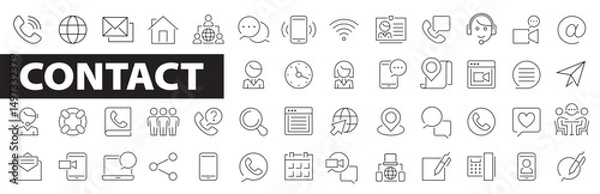 Obraz Contact icon set. Contact us icons. E-mail, phone, address, customer service, call, website, fax, clock, support and more. Editable stroke. Vector illustration
