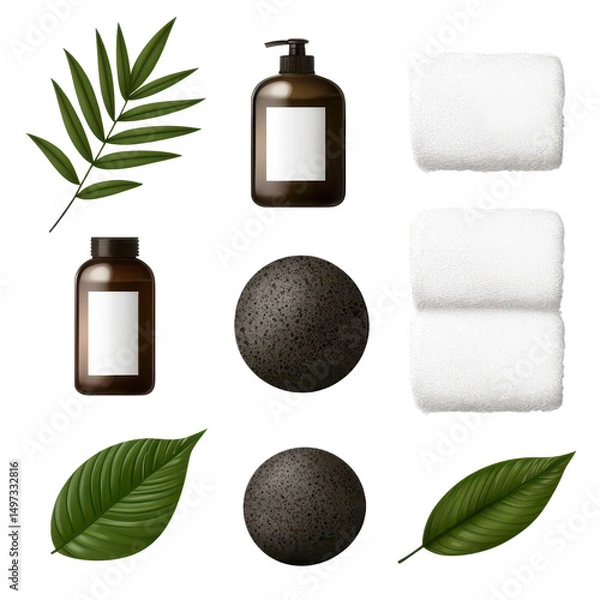 Fototapeta Spa essentials with natural elements and towels isolated against a transparent background..