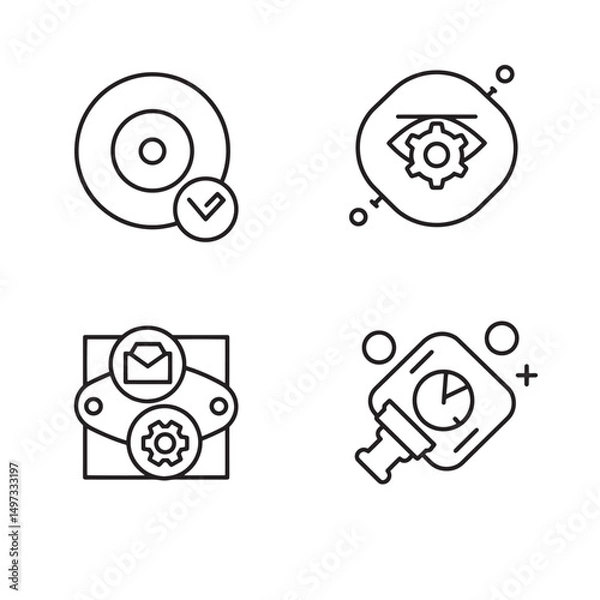 Fototapeta Simple black and white silhouette icons representing various business and technology concepts