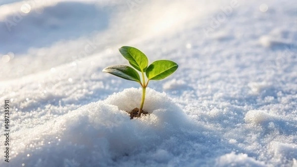Fototapeta A small sprout emerges from the surface of freshly fallen snow, its tender leaves and stem poking out from the white blanket , winter, earthy tones