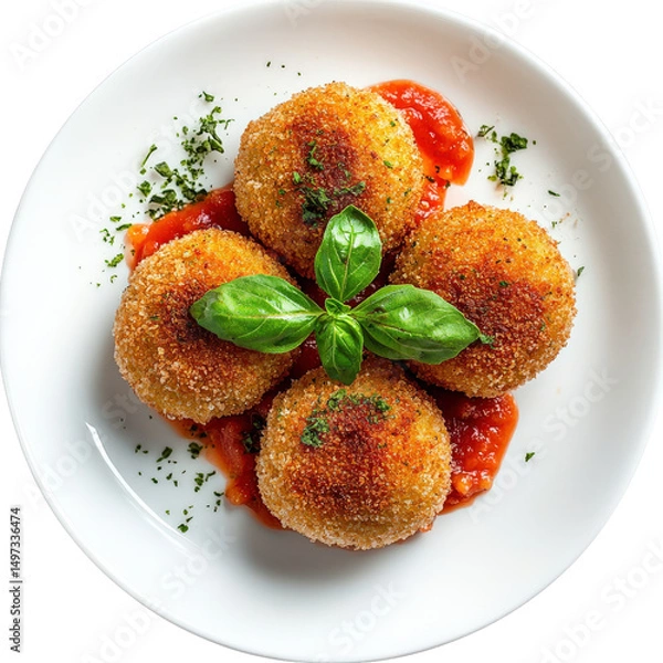 Obraz Delicious Arancini balls served on a white plate with tomato sauce and basil garnish Concept of Italian cuisine, appetizer, and gourmet food