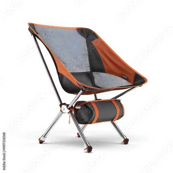 Obraz A lightweight, foldable camping chair with a net backrest is displayed on a clean, white background.