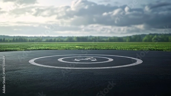 Fototapeta Runway Heliport Landing Pad Aviation Flight Safety Travel Destination Green Fields Cloudscape