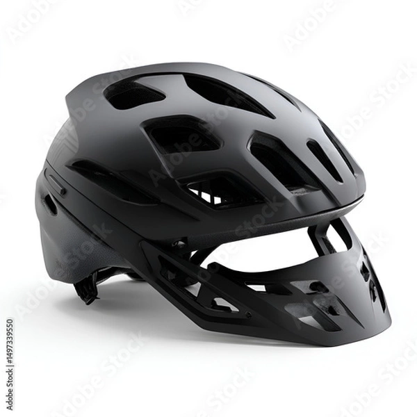 Obraz Matte black bicycle helmet presented in a modern 3D render on a clean white backdrop offers safety.