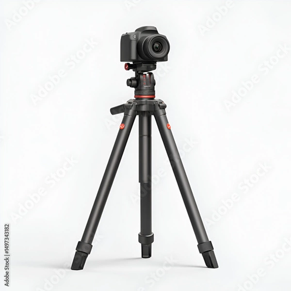 Obraz A sleek black aluminum tripod supports a digital camera against a plain white backdrop studio shot.
