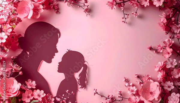 Fototapeta Two silhouetted figures share a tender moment, surrounded by intricate floral designs, against a soft pink backdrop, evoking a sense of warmth and affection.