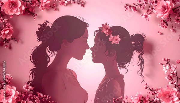 Fototapeta Two silhouetted figures share a tender moment, surrounded by intricate floral designs, against a soft pink backdrop, evoking a sense of warmth and affection.