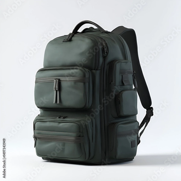 Obraz Olive green travel backpack with multiple zippered pockets on a white background, organized storage.