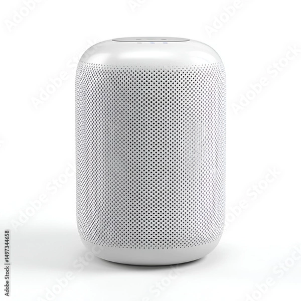 Obraz Sleek cylindrical white speaker with a textured mesh design and subtle lighting is on display.