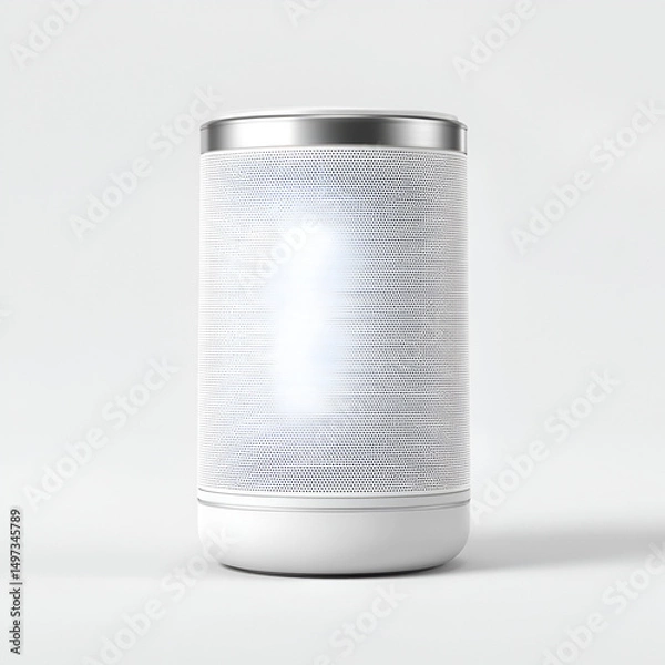 Obraz A sleek, modern cylindrical smart home speaker featuring a mesh texture and a minimalist aesthetic.