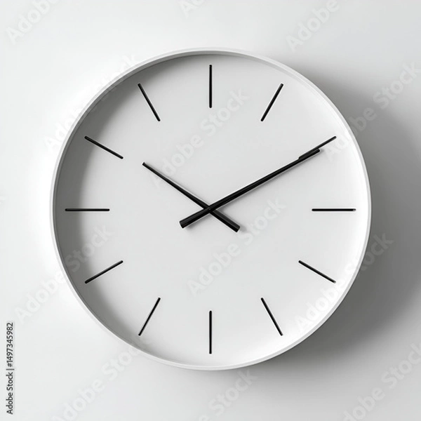 Obraz A minimalist round wall clock with a white face and black hands displays a clean and modern design.