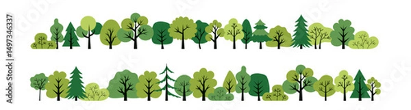 Fototapeta Green deciduous and coniferous trees isolated on a white background. Design concept for a poster, banner. Flat style elements. Vector illustration. Trees illustrations 