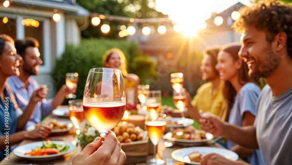 Fototapeta Golden hour backyard party: Diverse friends share rosé wine and joyful conversation at dinner table under string lights. Social connection, alfresco dining experience