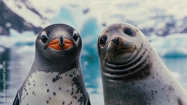 Fototapeta Close-up of a penguin and a seal.