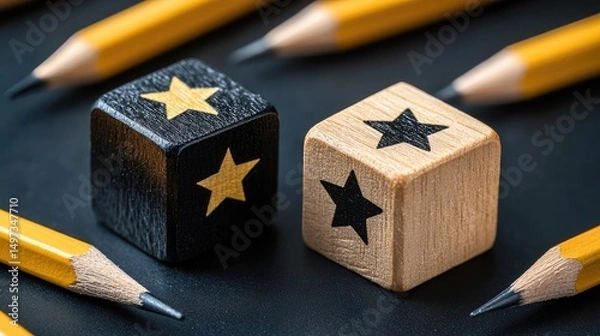 Fototapeta Two wooden cubes with stars, one black and one light brown, sit amidst pencils.