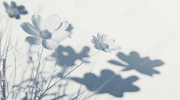 Fototapeta Delicate cosmos flowers cast soft shadows on a light background.
