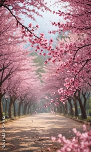 Fototapeta Mesmerizing swirl of pink sakura petals descending against a bokeh background of sakura trees ,  dreamy,  gentle,  ethereal