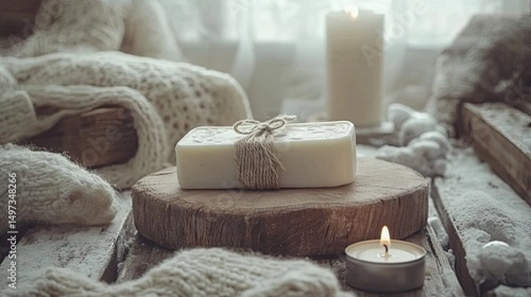 Fototapeta Cozy winter scene with a block of soap and candles.