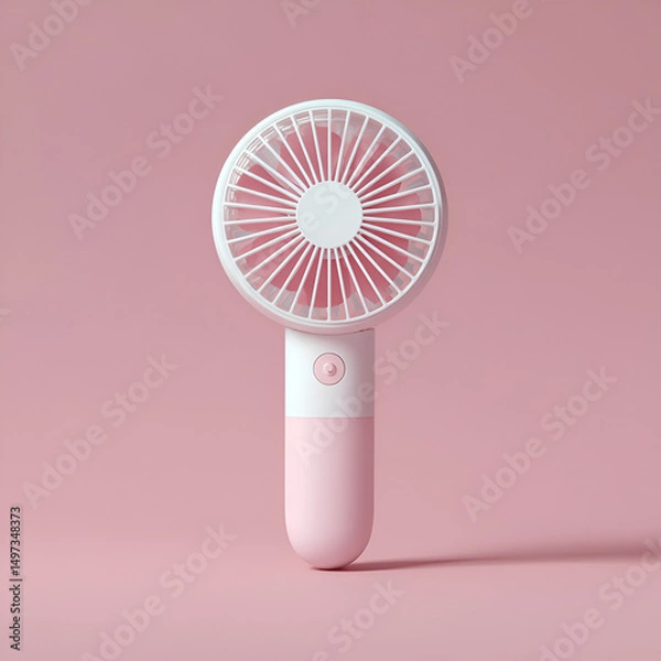 Obraz A minimalist styled white and pink portable fan stands on a pink surface casting a soft shadow