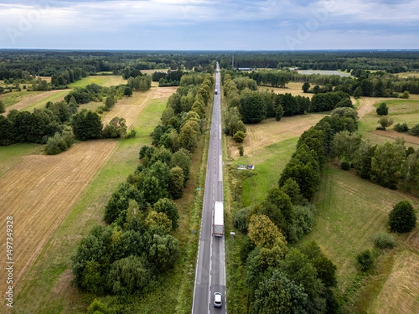 Fototapeta Aerial view of national road no 62 between Lochow and Wyszkow cities in Mazowsze region of Poland