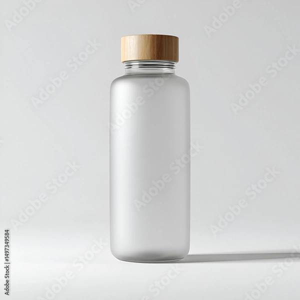 Obraz A modern frosted glass water bottle is showcased with a bamboo lid on a clean white backdrop.