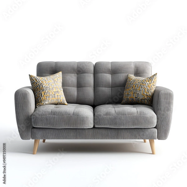 Obraz A modern two-seater sofa in gray fabric with patterned cushions is centered on a white background.