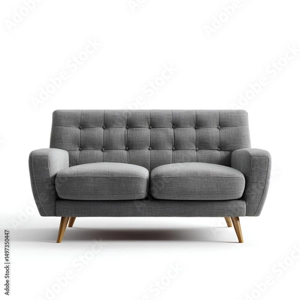Obraz Two-seater modern sofa in gray fabric with button-tufted back on white, creating a minimalist scene.