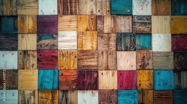 Fototapeta Colorful wooden squares arranged in a grid pattern.