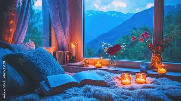Fototapeta Cozy bedroom with mountain view at dusk.