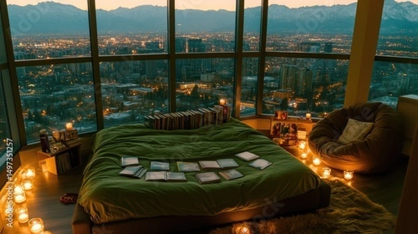 Fototapeta A cozy bedroom with panoramic city views at twilight.
