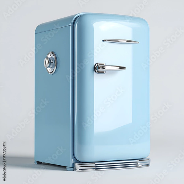 Obraz Close-up of a light blue retro-style mini fridge with chrome accents on a clean, white background.
