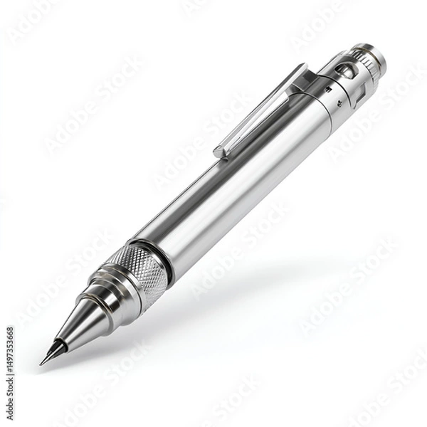 Obraz Sleek metallic mechanical pencil gleams on a white surface in a clean, product-style rendering.