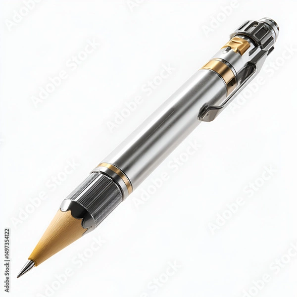 Obraz A modern mechanical pencil with a sleek metal body is rendered with bright studio lighting on white.