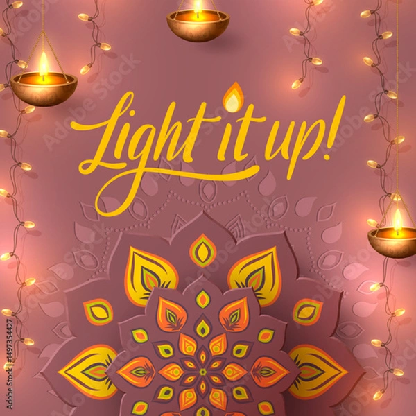 Fototapeta Light it up Diwali festival flyer or poster with paper cut style of Indian Rangoli and glowing lights. Pastel violet and purple colors. Vector illustration.
