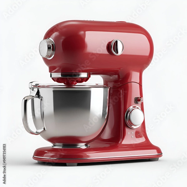 Obraz A sleek, glossy red kitchen stand mixer with a silver bowl, isolated on a clean white background.