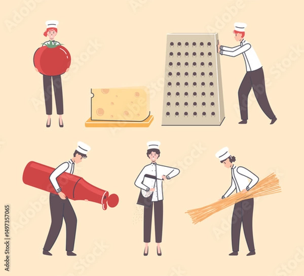 Fototapeta Cartoon Color Tiny Characters People Make Pasta Concept Flat Design Style. Vector illustration of Person and Spaghetti